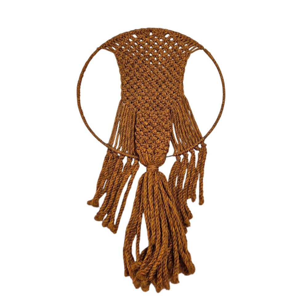 Large Vintage 1970s Orange Macrame Boho Wall Planter, Basket